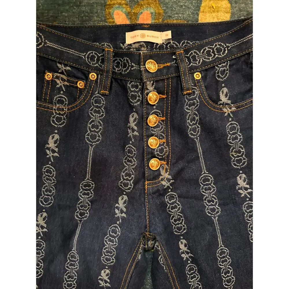 Tory Burch Gemini Link Bloom Jacquard Denim Pants Size 24